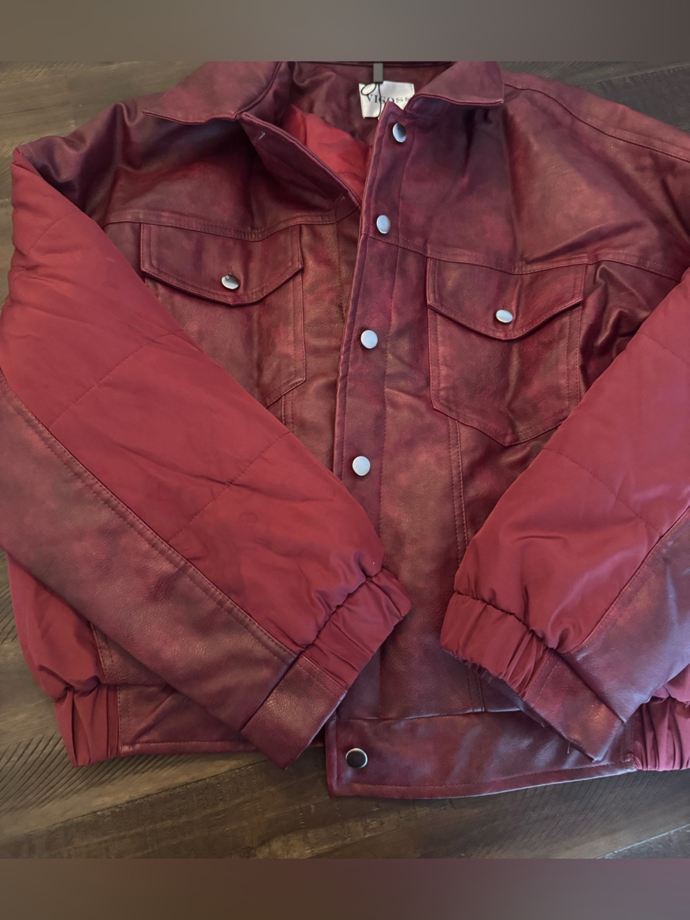Vigoss women over size Red faux leather and Quilted-Sleeve Bomber Jacket